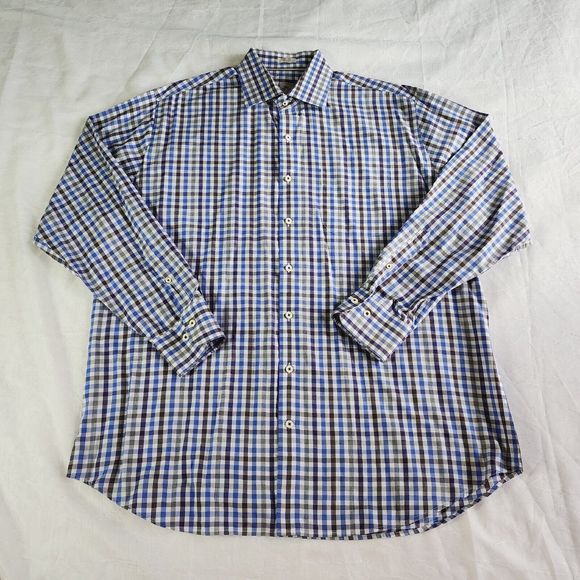 Peter Millar Mens XL Crown Sport Long Sleeve Button Down Tattersall Blue Brown - Picture 1 of 11